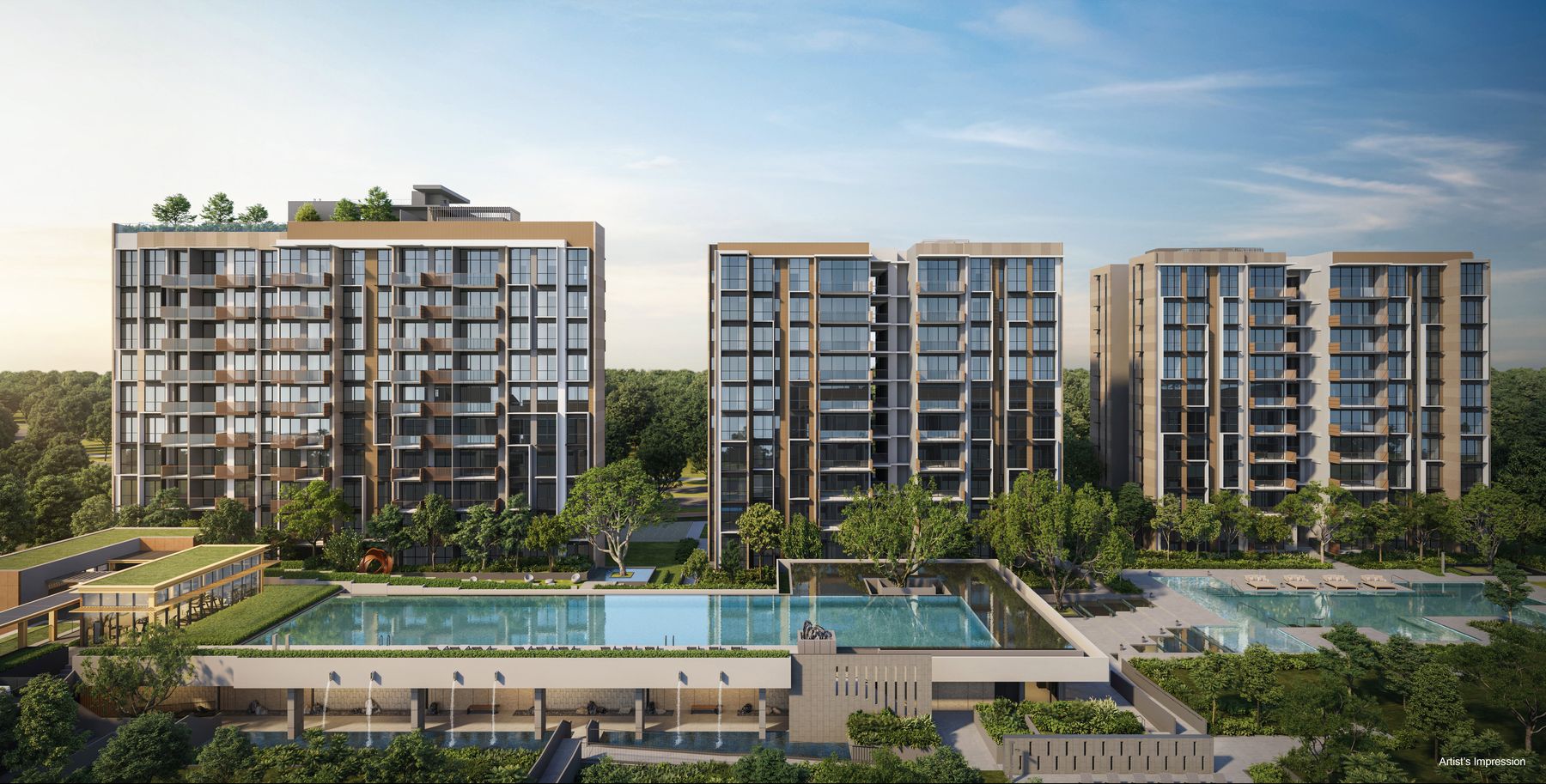 Artist's impression of the five blocks of The Sen seen across the pools and landscaped grounds