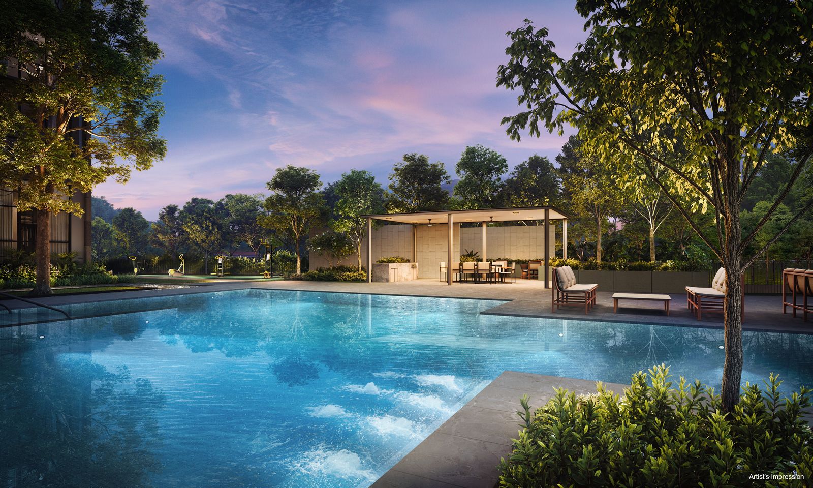 Artist's impression of the lap pool at dusk with a pavilion beside it