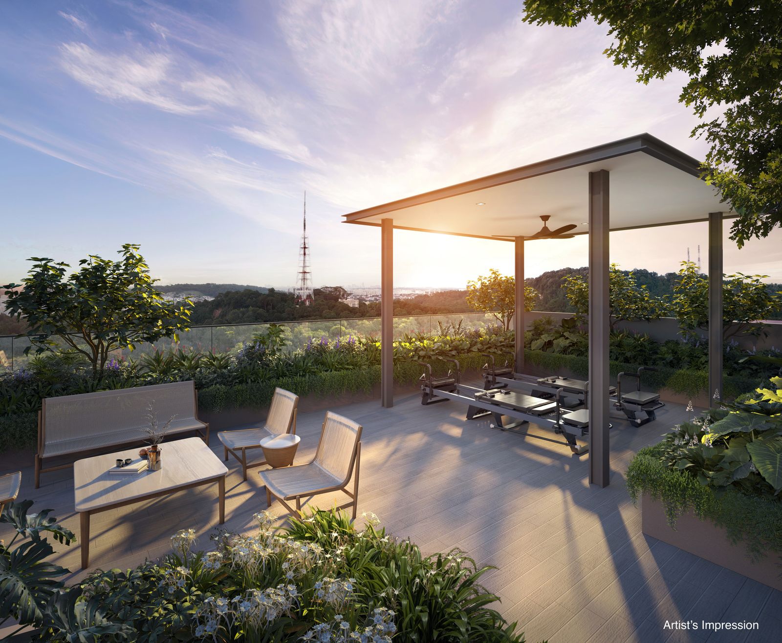 Artist's impression of a rooftop pavilion and lounge at sunset